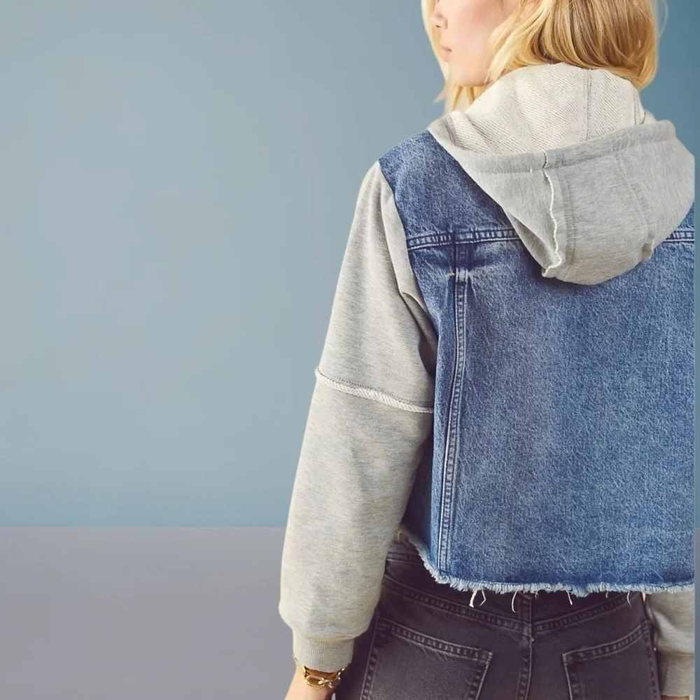 FREE PEOPLE Throwback Denim/Knit Hoodie Style Raw Hem Relaxed Crop Jacket-Md NWT - Picture 2 of 16